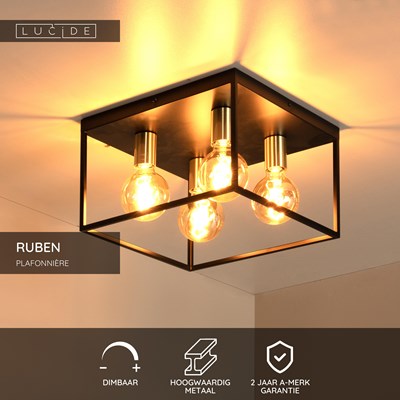 Lucide RUBEN - Plafonnière - 4xE27 - Zwart